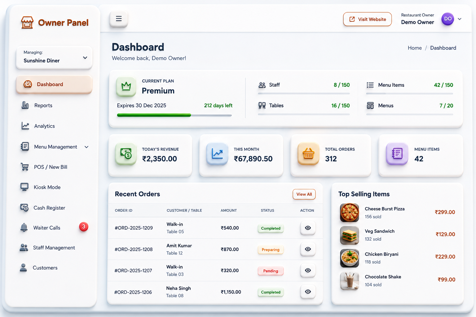 Estackly restaurant management dashboard showing live sales, orders and table status